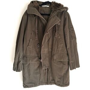 Vince Military Parka XS Coat Jacket Fur Hood Olive Green Zip Women's